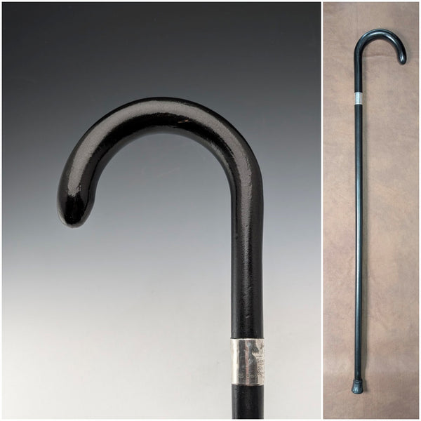 1943 British vintage black shaft curved handle pure silver decorated walking stick 93cm